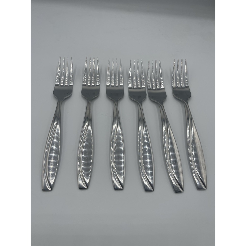 6 Dinner Forks Line Stainless Oneida Groove Curved B734 Indonesia Glossy 8 1/4"‎